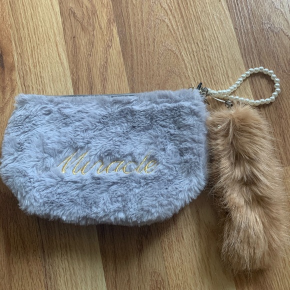Miracle Gray and Brown Cosmetic Bag with Plush Faux Fur - Picture 1 of 2